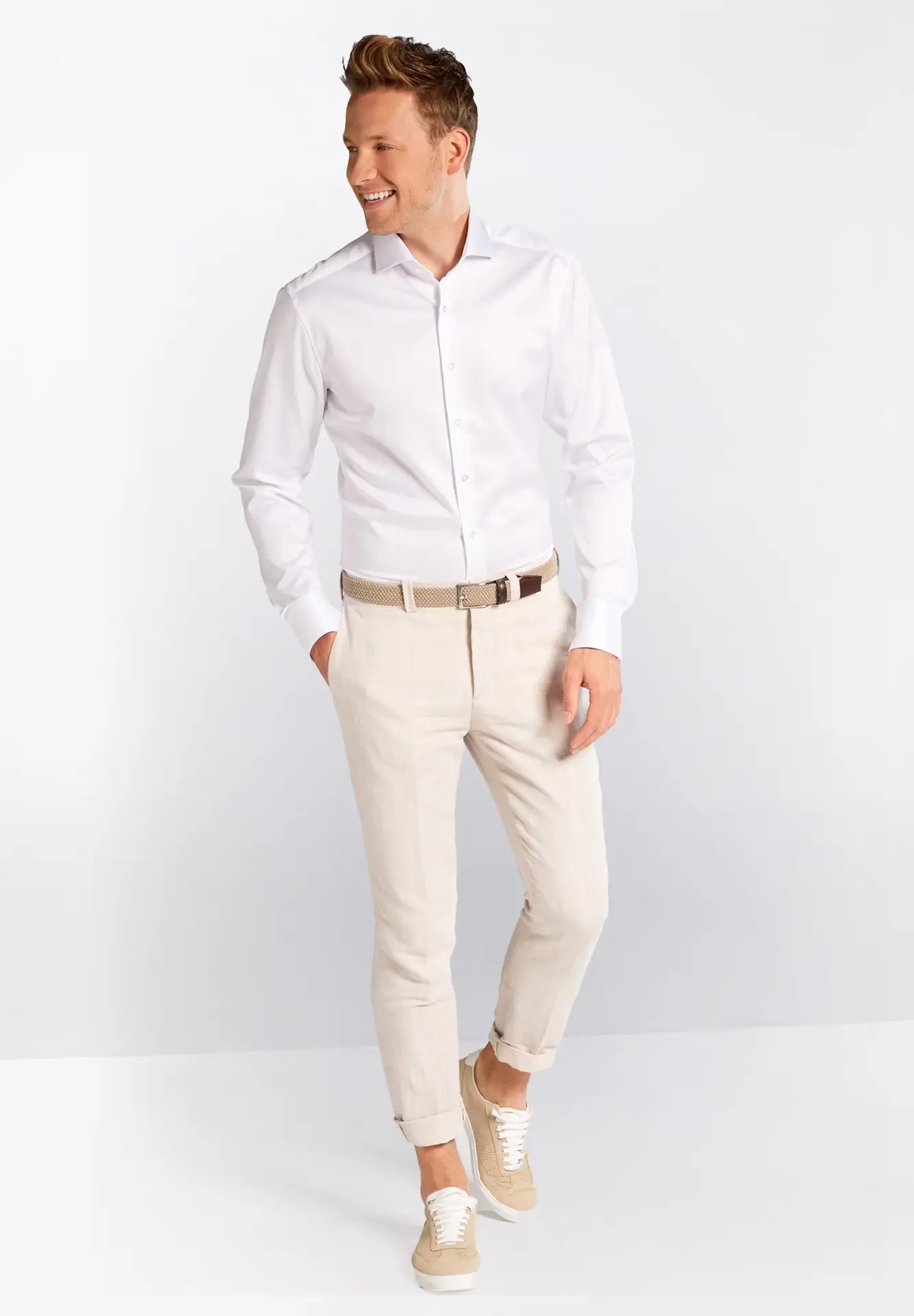 Model wearing white luxury shirt from Woods Menswear premium menswear collection